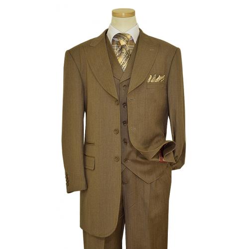 Solo 360 Collection Brown / British Tan Herringbone With Gold Pinstripes Design Super 160's Wool 3 Piece Fashion Full Cut Wide Leg Suit S218